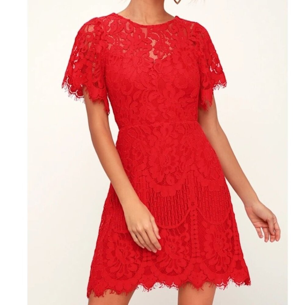 Lulus Pearson Red Lace Short Sleeve Dress
